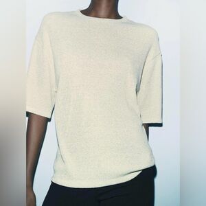 Zara Gold Metallic Threaded Rich Ivory SS Sweater | Crew Neck | M | NWT